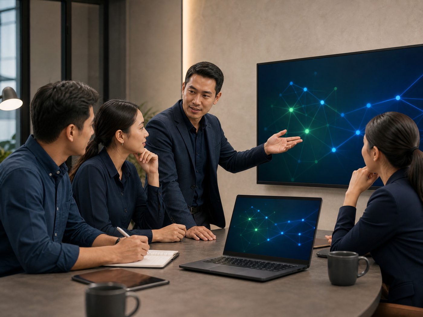 Technology consultant discussing a network plan with a business team